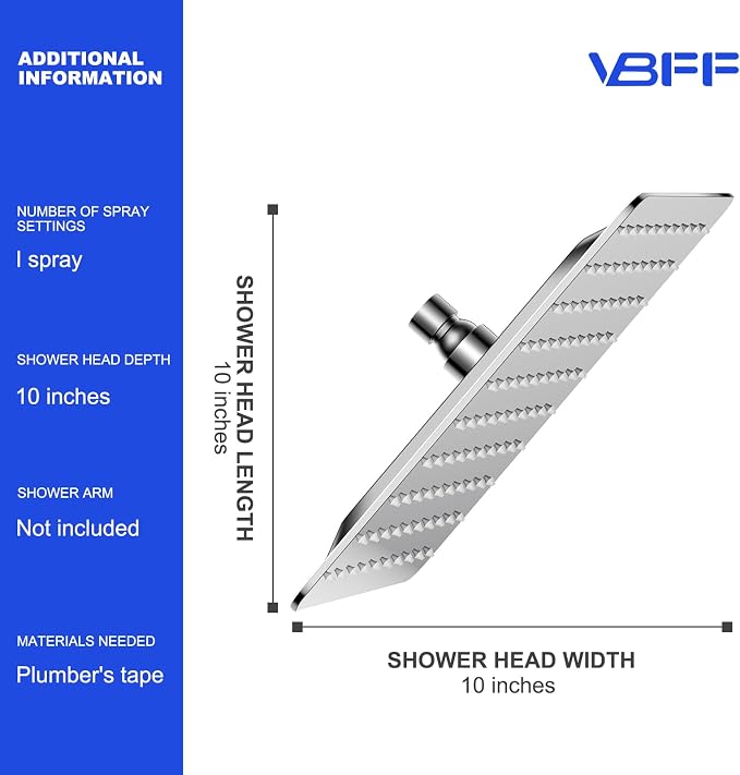VBFF-Shower Head, rain shower head, 10 inch- Square Shower Head, 1.8 GPM Flow - Image 6