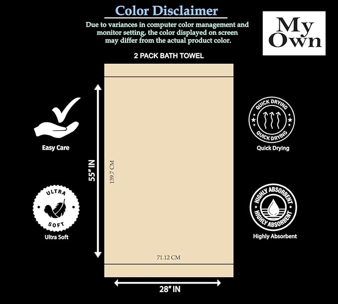 MyOwn Cotton 2 Pack Oversized Bath Towel Set 28x55 inches, Large Bath Towels - Image 7