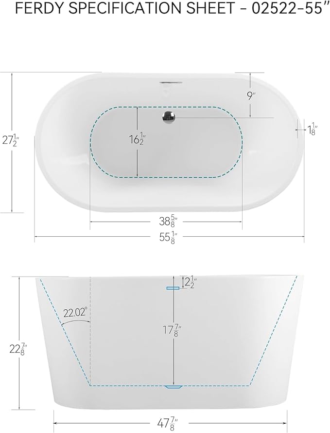 FerdY Shangri-La 55" Acrylic Freestanding Bathtub, Small Classic Oval Shape - Image 2