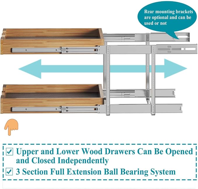 OCG 2 Tier Pull Out Cabinet Organizer, Heavy-Duty Slide out Wood Drawer Shelf - Image 6