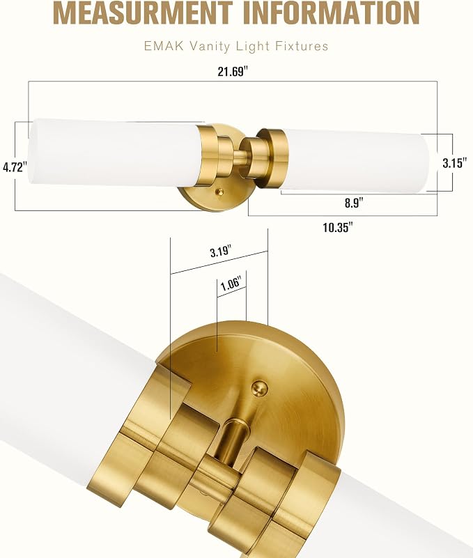 Emak 2 Pack Brushed Gold Bathroom Light Fixtures, 2 Light Bathroom Vanity Light - Image 4