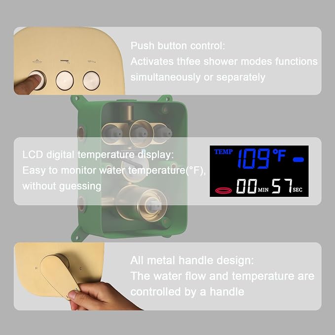 Temperature Display Brushed Gold Shower System Set, Push Button Shower Faucet - Image 4