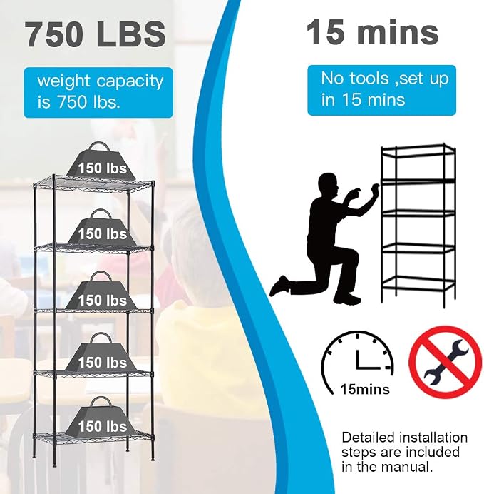 BestOffice | 5-Tier Wire Storage Shelves | 14x24x60 | Black | - Image 5