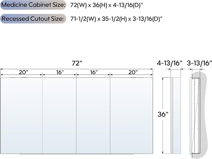 WELLFOR 72" x 36" Bathroom Medicine Cabinet - Image 2