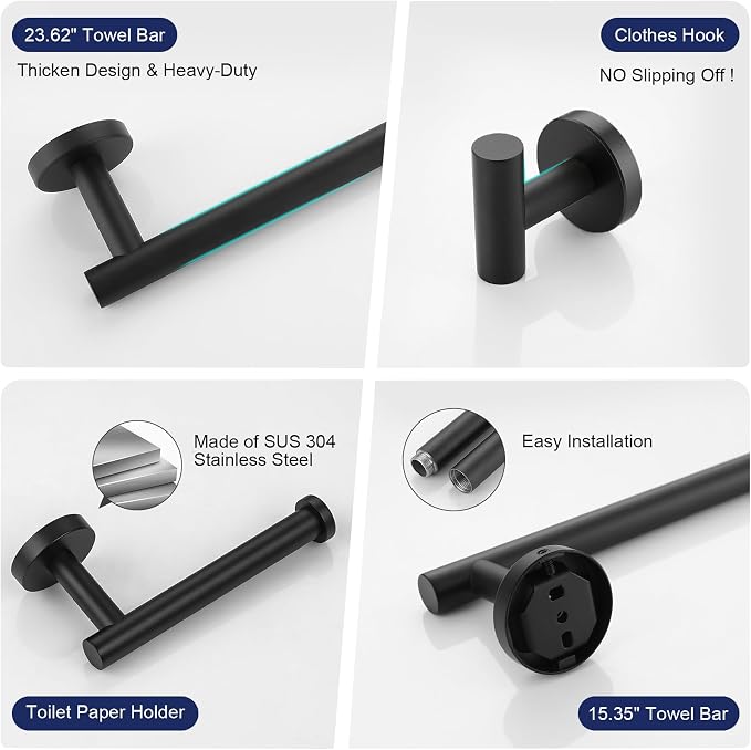 5 Pieces Matte Black Bathroom Hardware Set, 23.6-inch+15.35-inch Bathroom Towel - Image 5