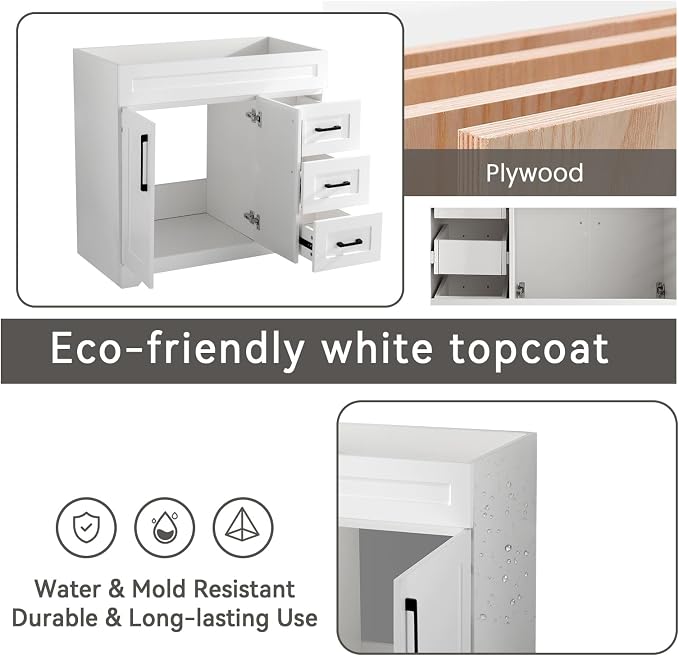 36” Bathroom Vanity Cabinet Without Sink, Modern White Bathroom Storage Cabinet - Image 5
