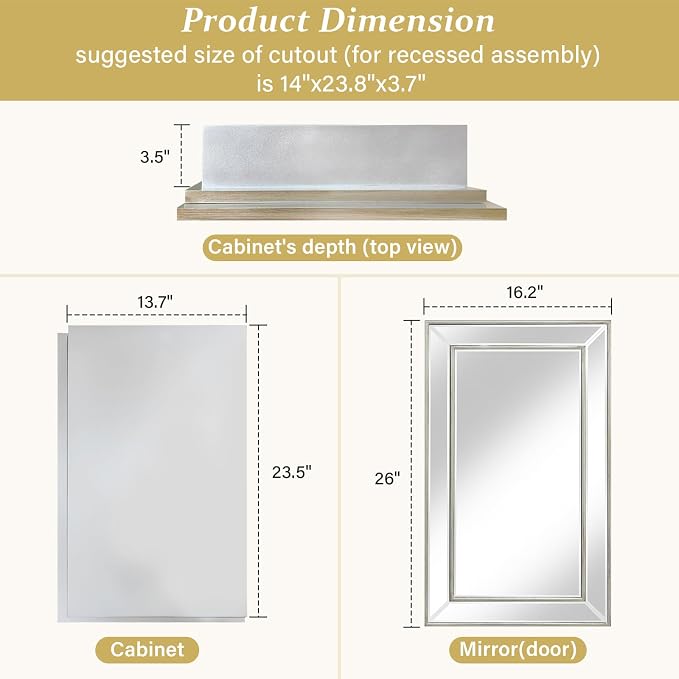 Medicine Cabinet with 16.2"x26" Mirror, Removable Shelves, Recessed or Wall - Image 2