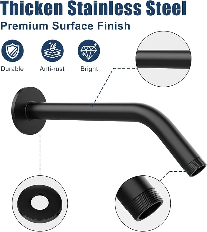 Shower Arm with Flange, 6 Inch Matte Black Shower Pipe, Wall Mount Replacement - Image 3