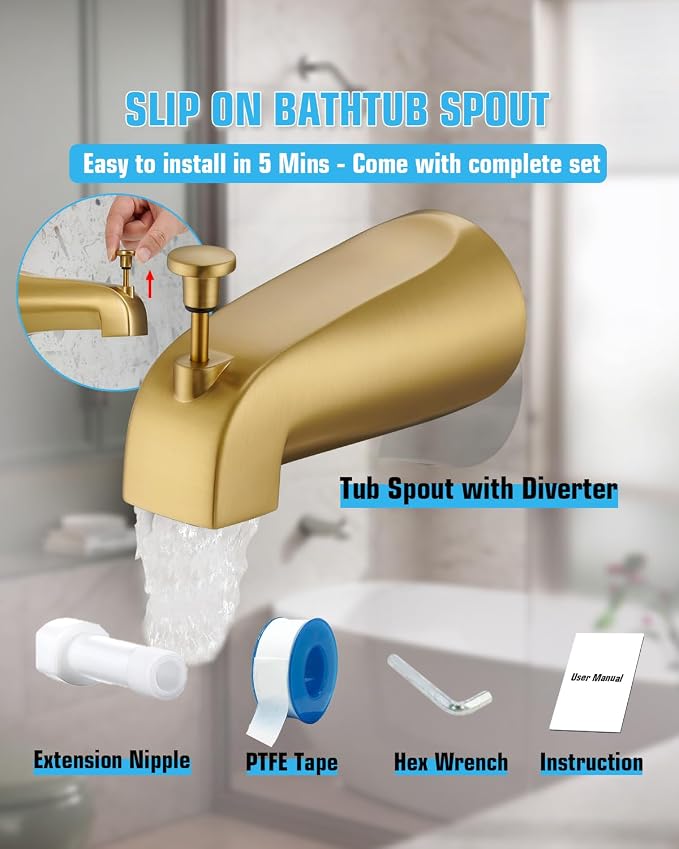 Tub Spout with Diverter, Slip On Bathtub Spout Fits 1/2'' Copper Tube, Bathroom - Image 6