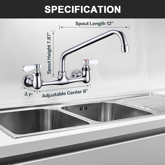 Wall Mount Faucet 8 Inch Center Commercial Kitchen Faucet, 12 Inches Swivel - Image 5