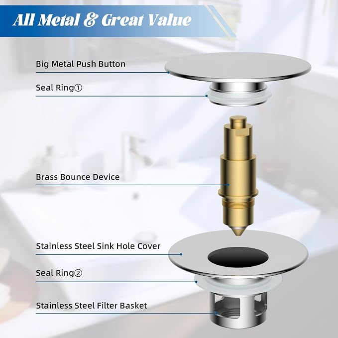 Hibbent 2 Pack All Metal Upgraded Bathroom Sink Stopper, Universal Pop Up Sink - Image 7