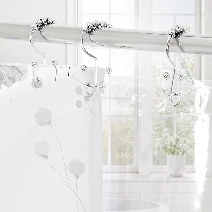 Gibelle 3 in 1 Shower Curtain Set, Charcoal Grey Watercolor Floral Bath Curtain - Image 2