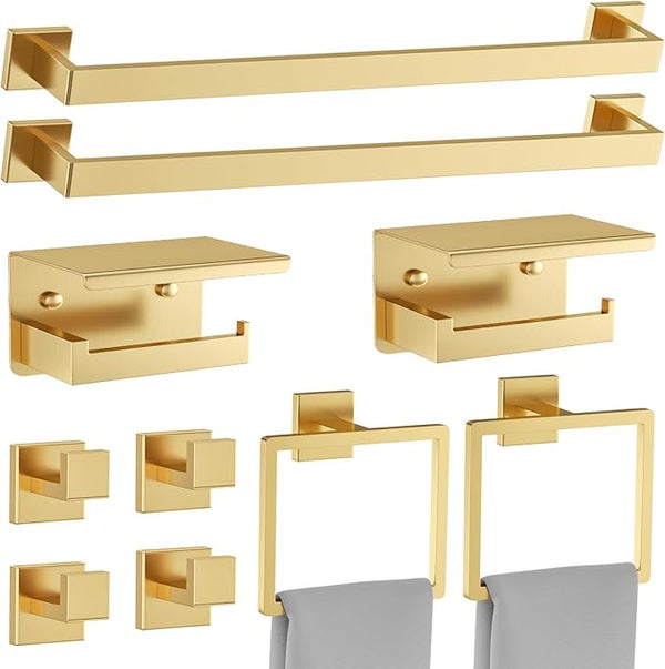 10 Pieces Brushed Gold Towel Bar Set Bathroom Hardware Accessories Set Upgraded by Woekme