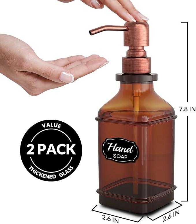 Soap Dispenser - 2 Pack, Antique Design Thick Amber Glass Hand Soap Dispensers - Image 3
