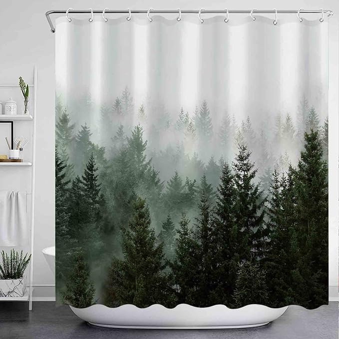 Aipon Green Misty Forest Shower Curtain Nature Tree Shower Curtain Set Dark - Image 4