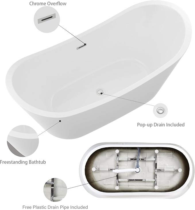 Logmey 67" Freestanding Bathtub White Acrylic Oval Shape Soaking Tub - Image 5