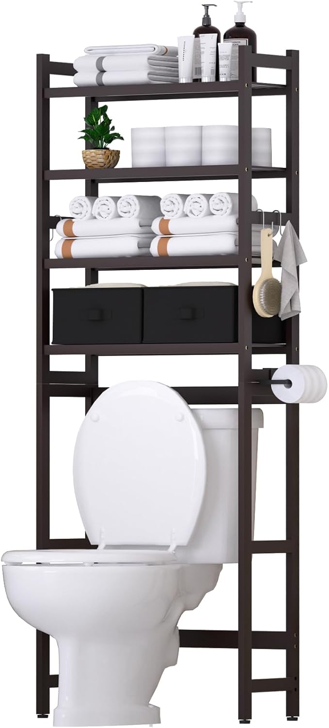 Over The Toilet Storage with 2 Baskets, 4-Tier Bamboo Organizer Rack with Paper by Cozivolife