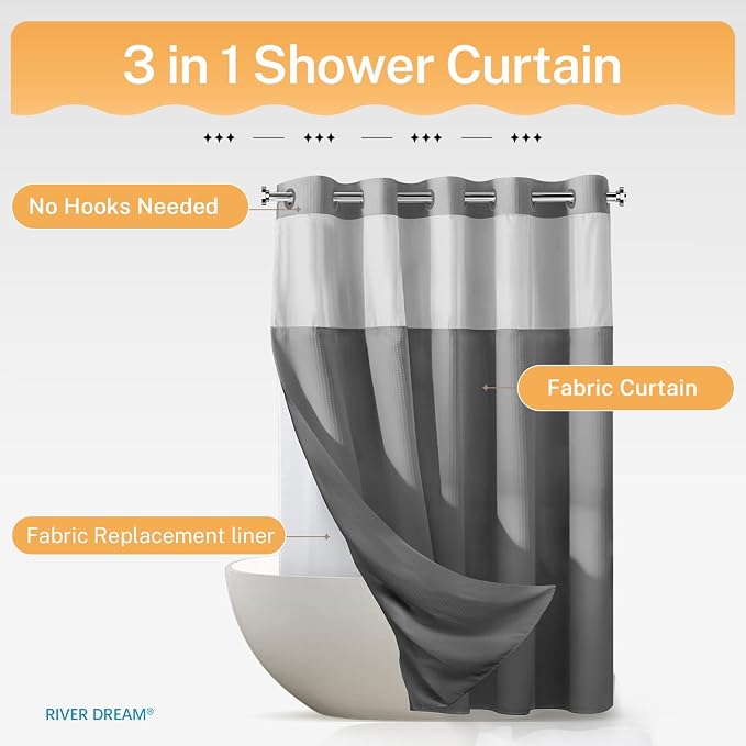 River Dream Heavyweight No Hooks Required Dotted Waffle Weave Shower Curtain - - Image 8