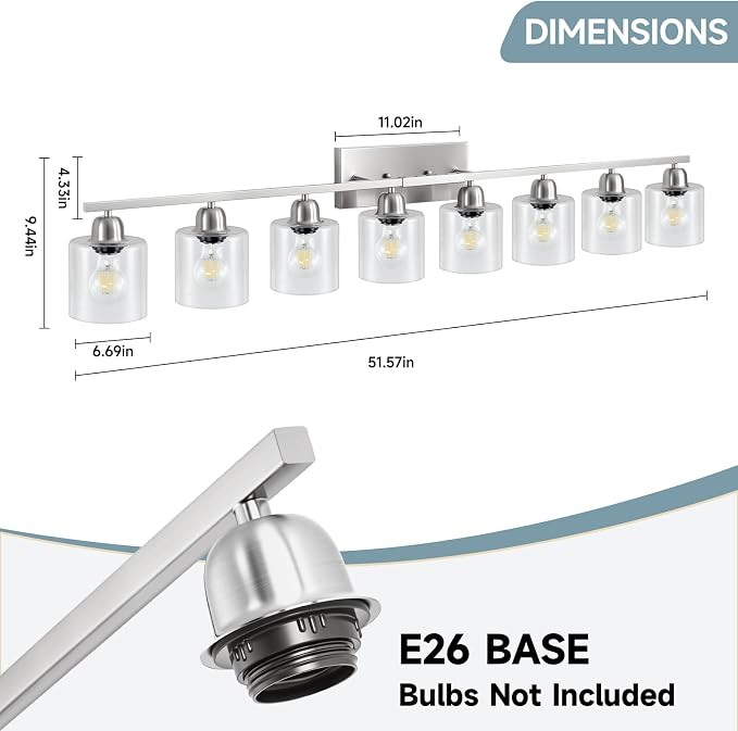Modern Brushed Nickel 8 Light Bathroom Light Fixtures, 52 inch Vanity Lights - Image 2