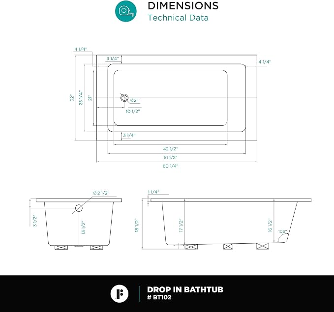 Fine Fixtures Drop In White Soaking Bathtub, Fiberglass Acrylic Material - Image 7