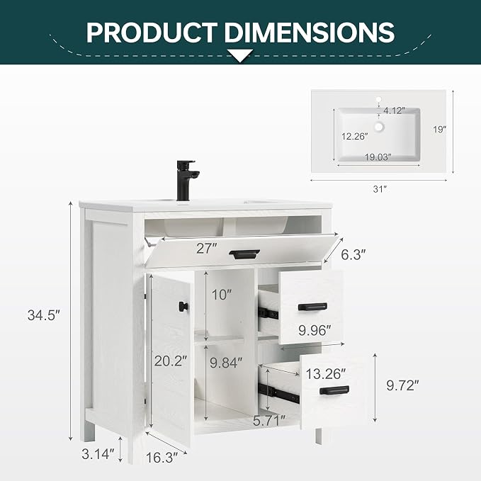 30" Bathroom Vanity with Sink, Modern Bathroom Storage Cabinet with Tilt-Down - Image 6