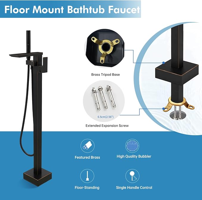 RUMOSE Oil Rubbed Bronze Bathtub Filler Freestanding Tub Filler Floor Mount Tub - Image 9