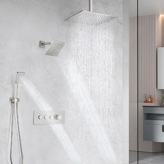 POP SANITARYWARE Shower Faucet Set Brushed Nickel Bathroom Rainfall Shower - Image 2