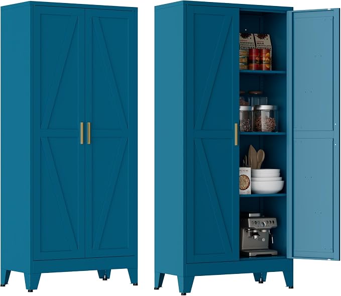 Blue Metal Kitchen Pantry Cabinet, Rustic Freestanding Cupboard - Image 8