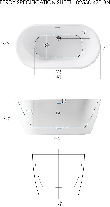 FerdY 47" Bali Acrylic Freestanding Bathtub, Gracefully Shaped Freestanding - Image 6