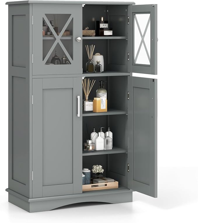 Tangkula Freestanding Floor Cabinet w/2 Glass Doors, 3-Level Adjustable Shelves by TANGKULA