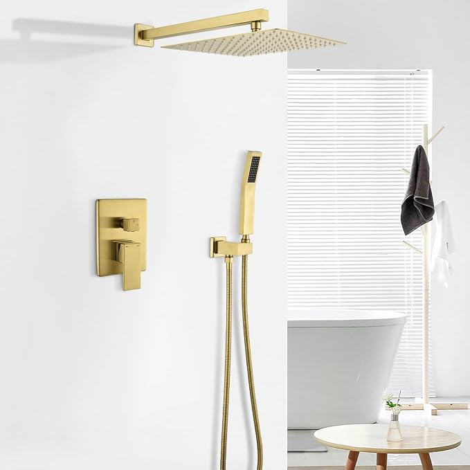 WELLFOR Brushed Gold 12" Wall Mounted Shower Faucet Set Single Handles - Image 2