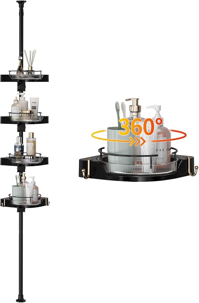Shower Caddy Tension Pole with 4 L-Lazy Susan Organizer 360 Rotating 35-128 by AKINBAS
