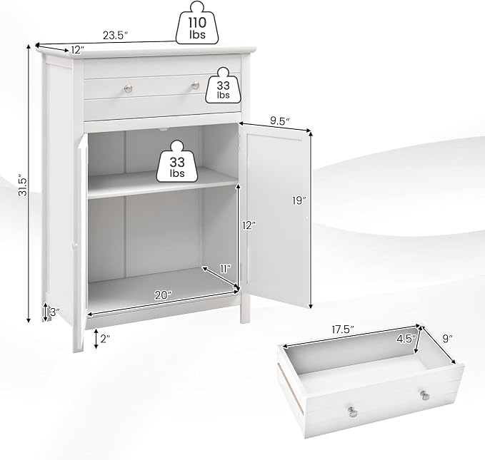 COSTWAY Bathroom Floor Cabinet, Wooden Side Storage Organizer w/Larger Drawer - Image 3