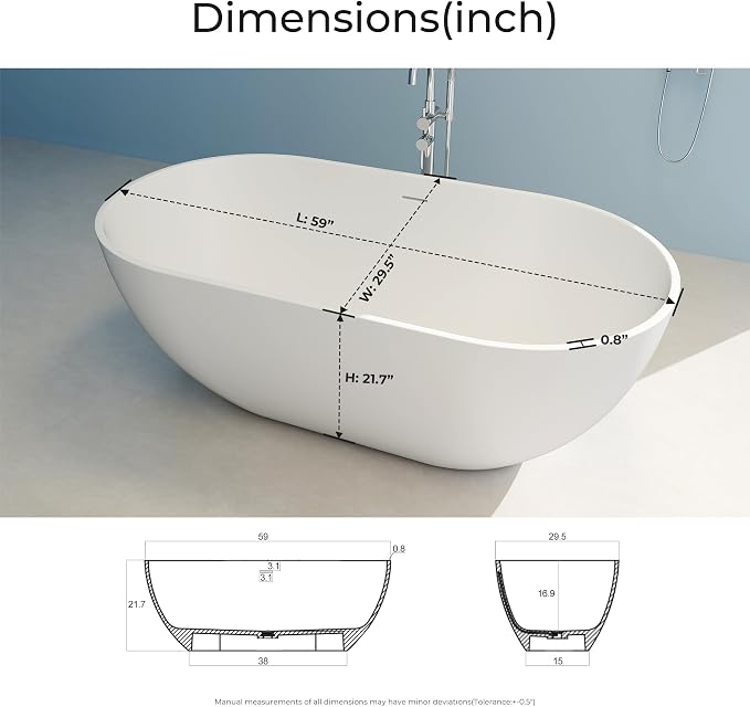 Premium 59" Solid Surface Freestanding Bathtub, Upgraded Oval Stone Resin Tub - Image 2