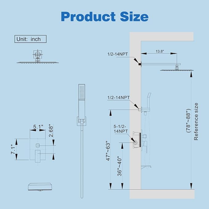 Shower System with Tub Spout, All Metal Tub Shower Faucet Set with 12'' Rain - Image 7