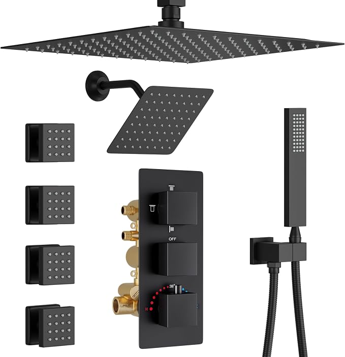 Thermostatic Shower System Matte Black Shower Faucet Set, Four Modes Shower by KATAIS