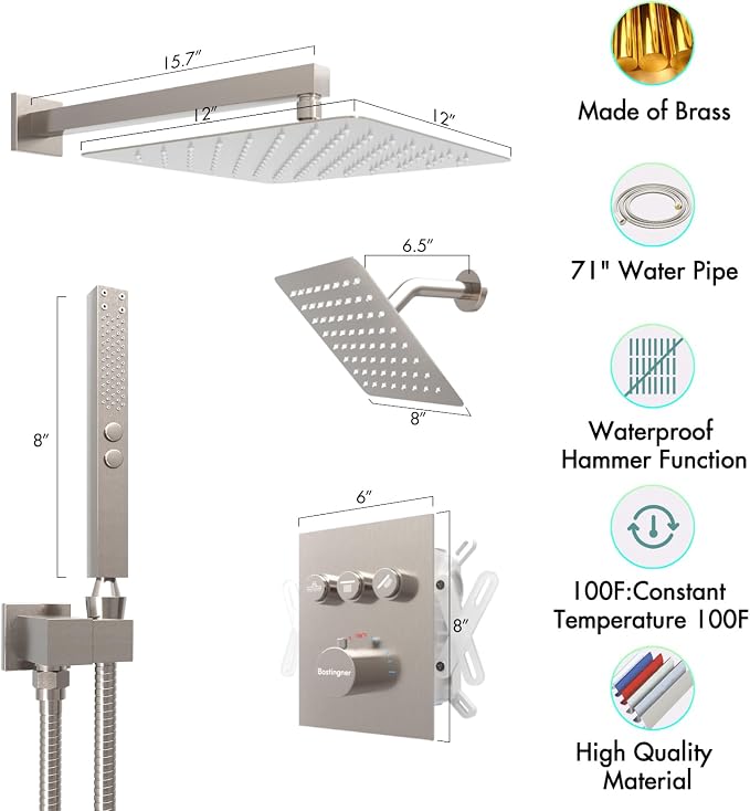 Thermostatic Shower System Wall Mounted, 12 inch Dual Shower Faucet Set - Image 8