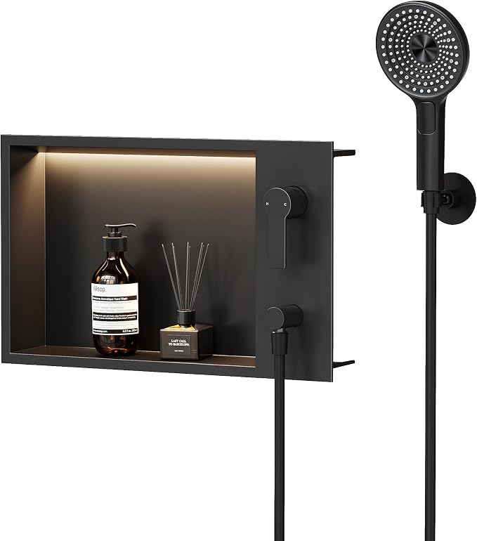 Shower Niche with Round Hand Shower, and LED Light in Matte Black/Horizontal by Qeke