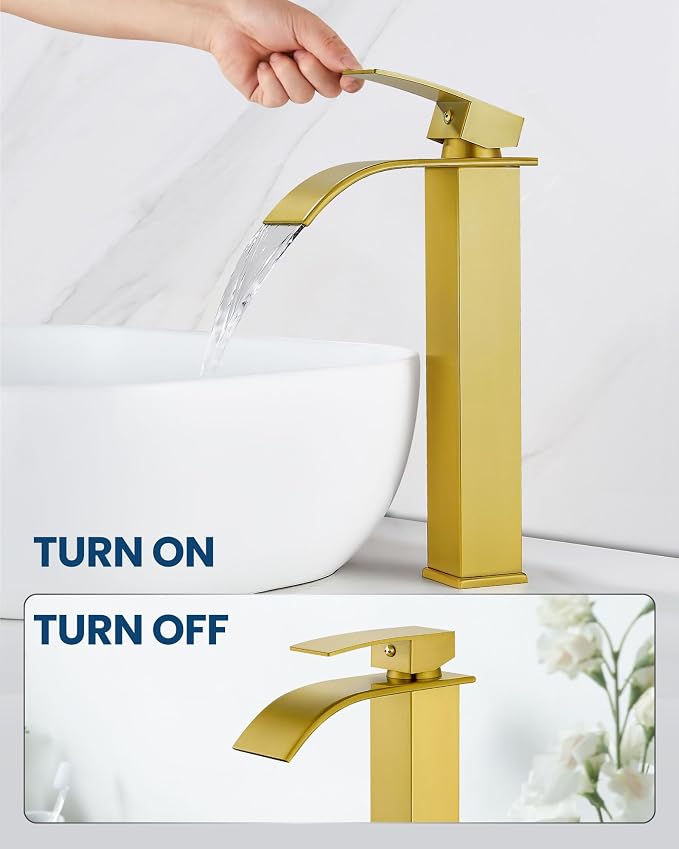 Airuida Brushed Gold Tall Waterfall Bathroom Vessel Sink Faucet Modern Bathroom - Image 3