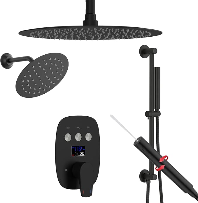Shower Faucet Set Matte Black Shower System Temperature Display Diverter Shower by HONGTONGSOWER