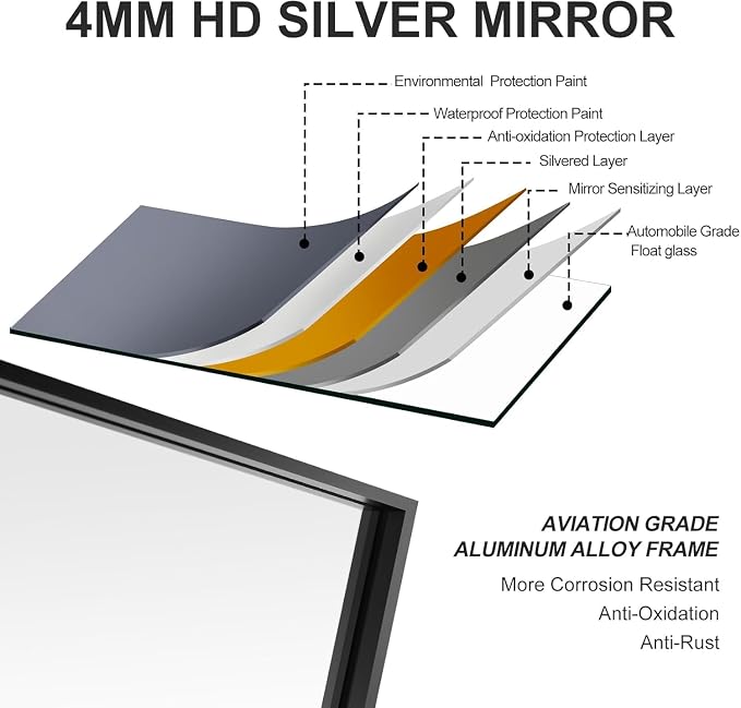 24x24 Inch Black Bathroom Mirror, Copper-Free Mirror, Aluminum Alloy Frame - Image 7