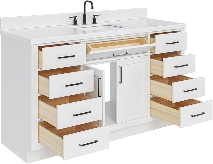 ARIEL Hepburn 66" White Bathroom Vanity, 1.5" Edge Carrara Quartz Countertop & - Image 5