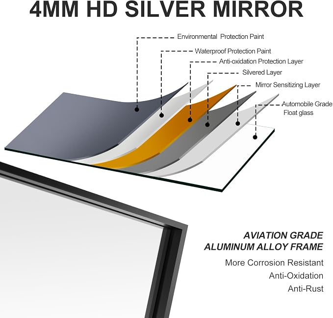 20x40 Inch Black Bathroom Mirror, Copper-Free Mirror, Aluminum Alloy Frame - Image 7