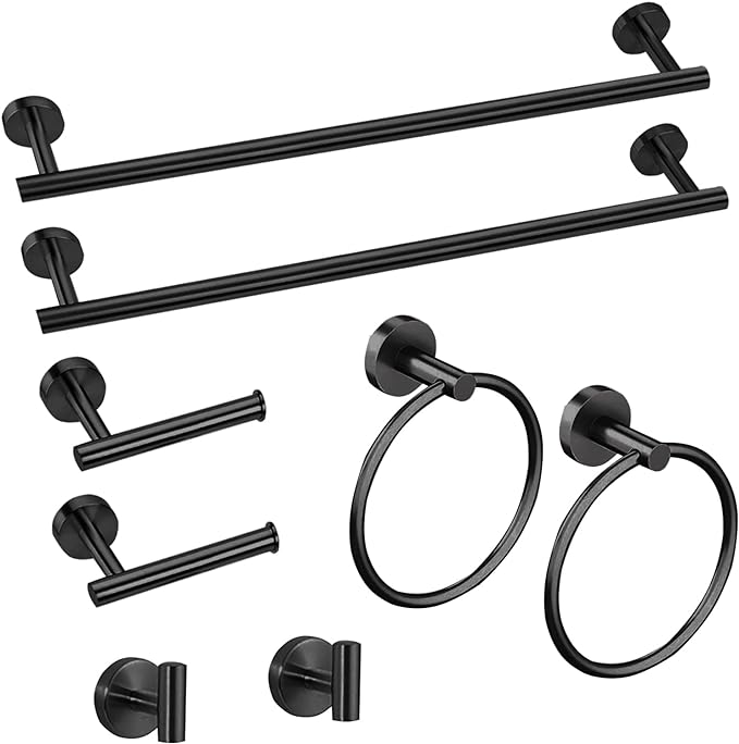 Cilee 8 Piece Matte Black Bathroom Hardware Set, 24inch Bathroom Towel by Cilee
