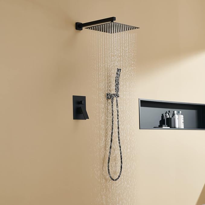 Rain Shower System 12 Inches Shower Combo Set Black Wall Mount Faucet Bathroom - Image 3