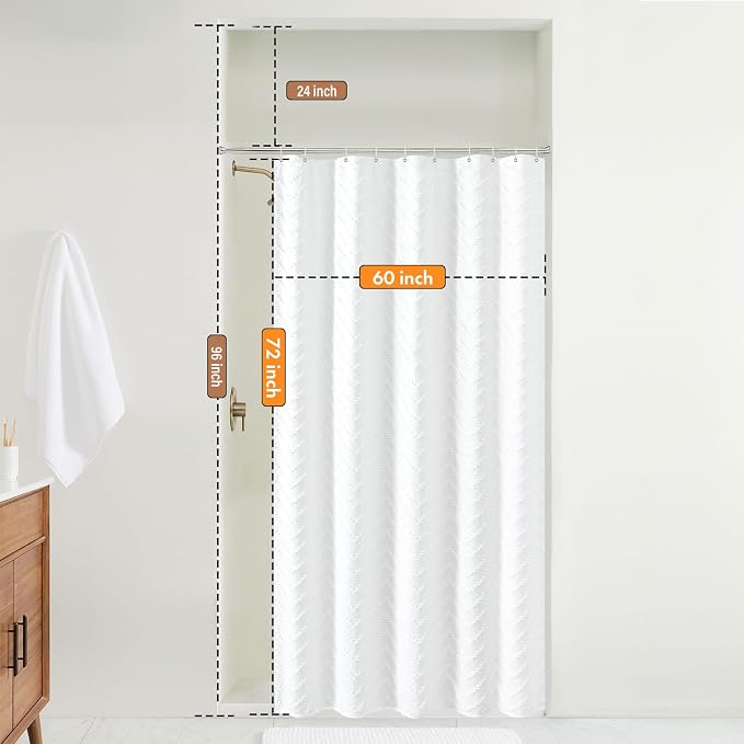 White Boho Fabric Shower Curtain 60 x 72 Modern Shabby Chic Textured Tufted - Image 2
