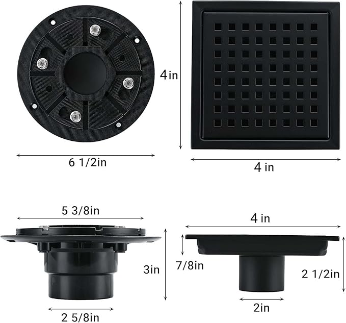 4 Inch Square Shower Floor Drain, Stainless Steel Black Shower Drain Kit - Image 6
