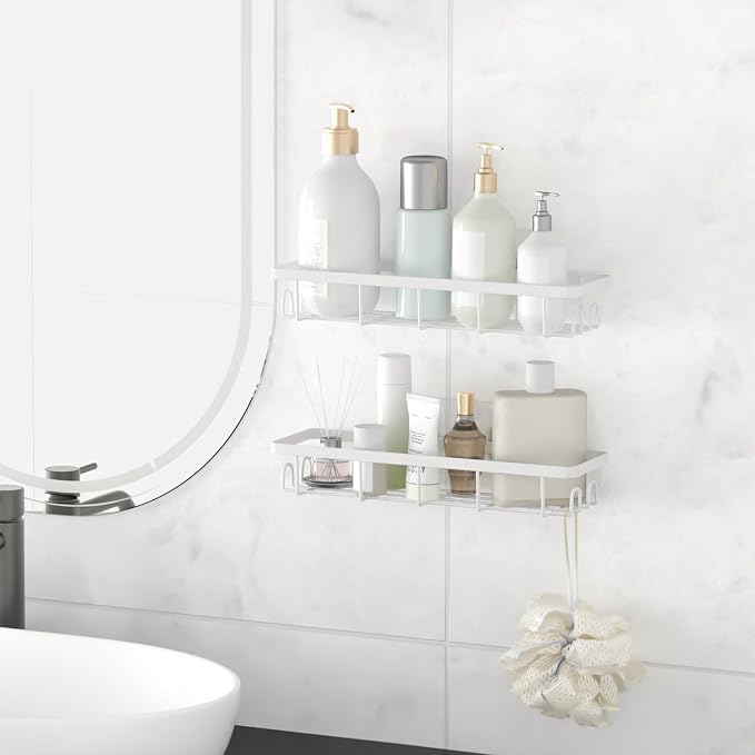 Shower Caddy Organizer with Hooks, Self Adhesive Bathroom Shelves, No Drilling - Image 2