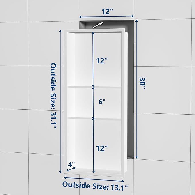 Neodrain 12X30 in Shower Niche, 3 Layers White Wall Niche Tile Ready NO Tile - Image 3
