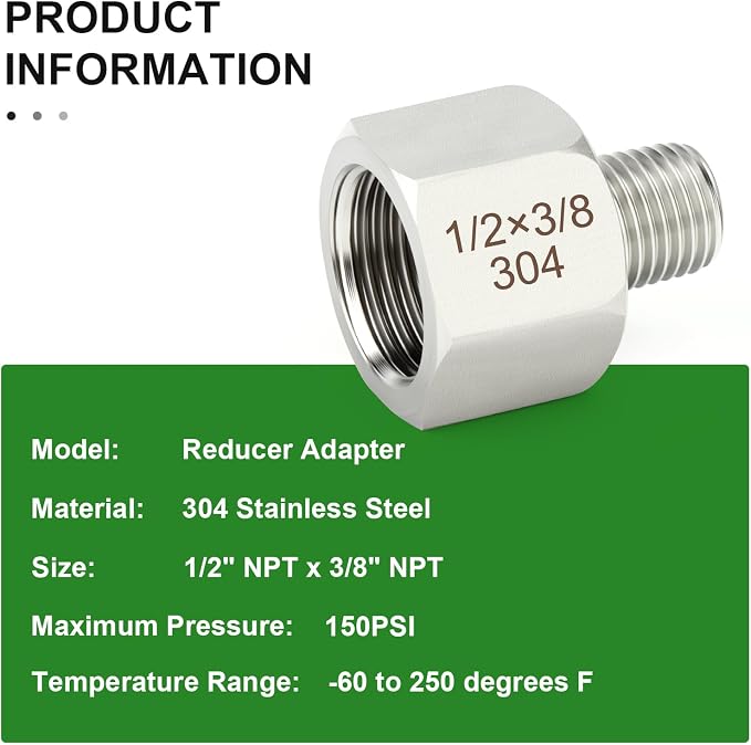 TAISHER 10PCS 304 Stainless Steel Pipe Fitting, New Reducer Adapter, 3/8" NPT - Image 5